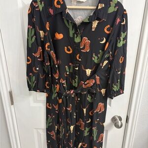 Black Western-Print Tie-Waist Mini Dress